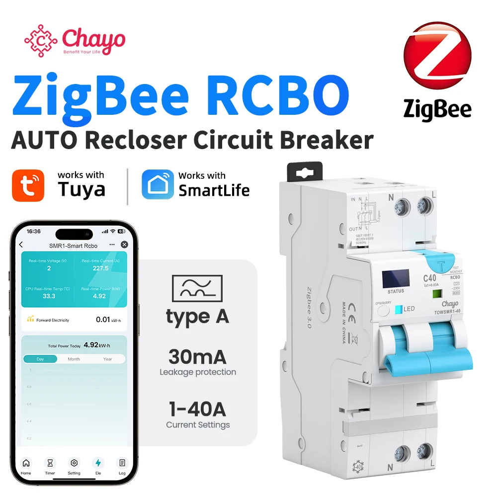Chayo Type A Tuya Zigbee Smart RCBO, 1-40A Adjustable Overcurrent Threshold, Fixed 30mA Leakage & Residual Current Protection