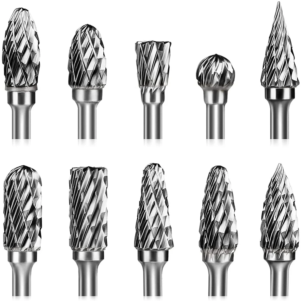 

Carbide Double Cut Carving Bits,10Pcs Rotary Burr Set 1/8 Inch Shank Cutting Burrs Tool for Grinder Drill, Wood-Working