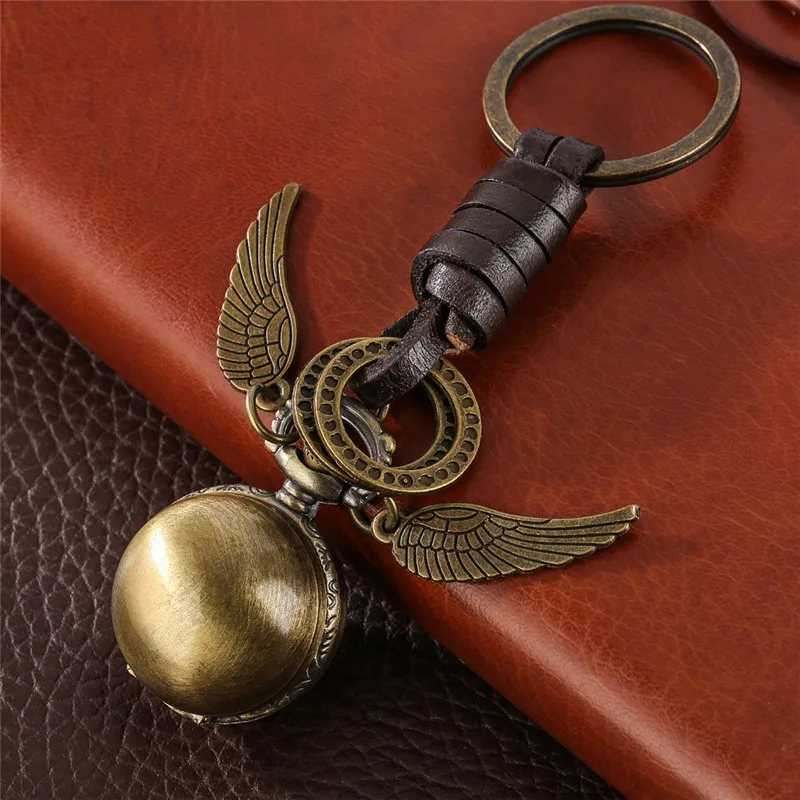 Steampunk Round Ball Shape Watches with Wings Men Women Pendant Quartz Pocket Watch Key Chain Rope Arabic Number Timepiece Gift