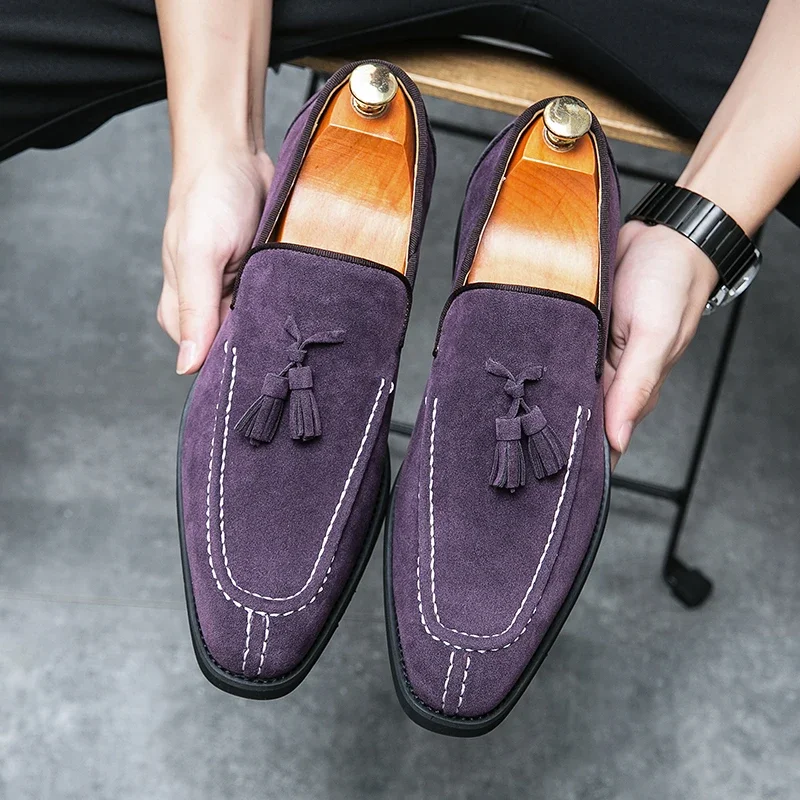 Cow Suede Loafers for Men Green Round Toe Slip-On Hand Sewn Wooden Root Base Black Brown Free Shipping Size 39-47