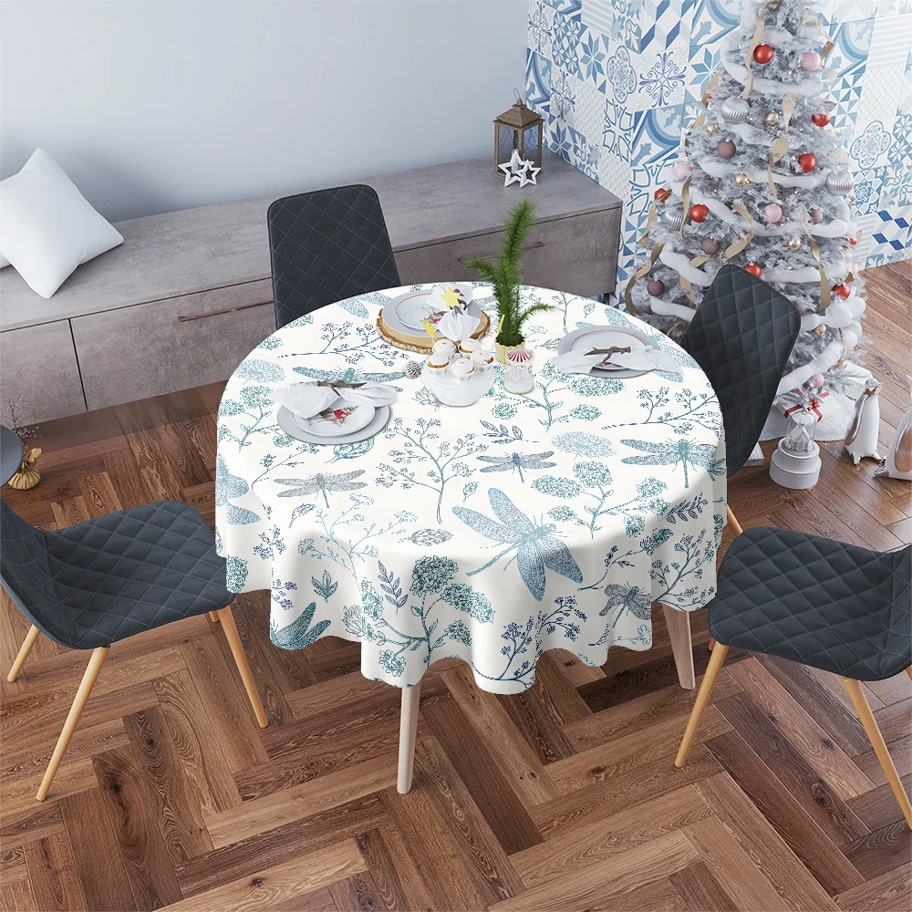 Cold and clear blue dragonfly plant round tablecloth; New Chinese-style luxury restaurant tablecloth