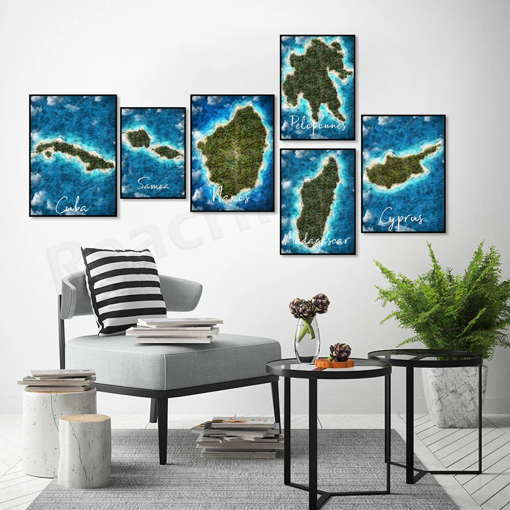 شيوس، بيلوبونيز، إلبا، قبرص، ناكسوس، لا جوميرا، أوبوا، كوبا، إيبيزا، جافا، مدغشقر، ملصق خريطة ساموا