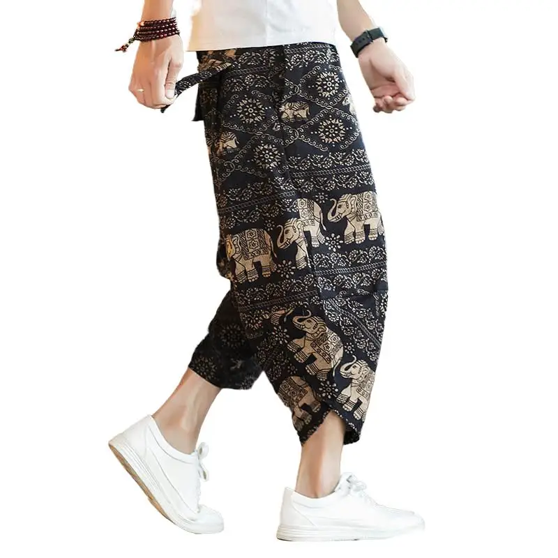 

Casual Loose Cotton Linen Seven-Foot Pants Men's Summer Beachwear Printed Straight Leg Non-Stretch Trousers for Men