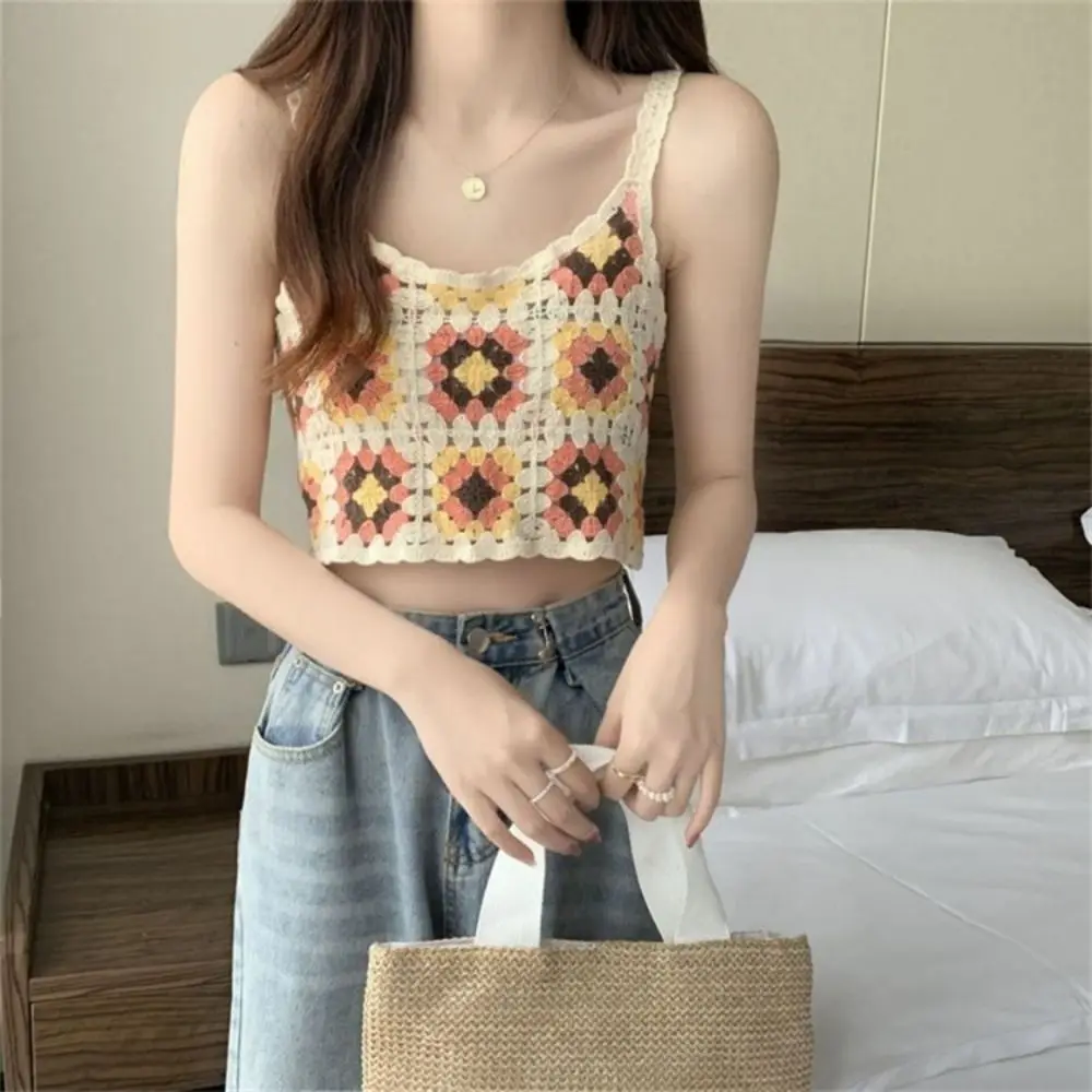 Summer Sweet Short Floral Print Sleeveless Lattice Embroidery Vest Cotton Cardigan Crochet Crop Tops Female Camisole