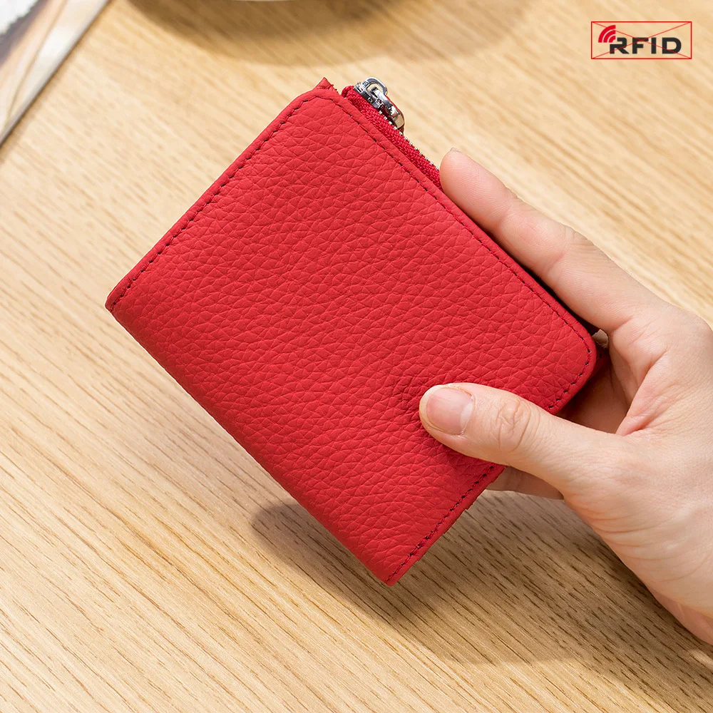 Folder RFID Protection Women Wallet Genuine Leather Multi-card Position Coin Purse Casual Durable Short Square Unisex Zipper Bag