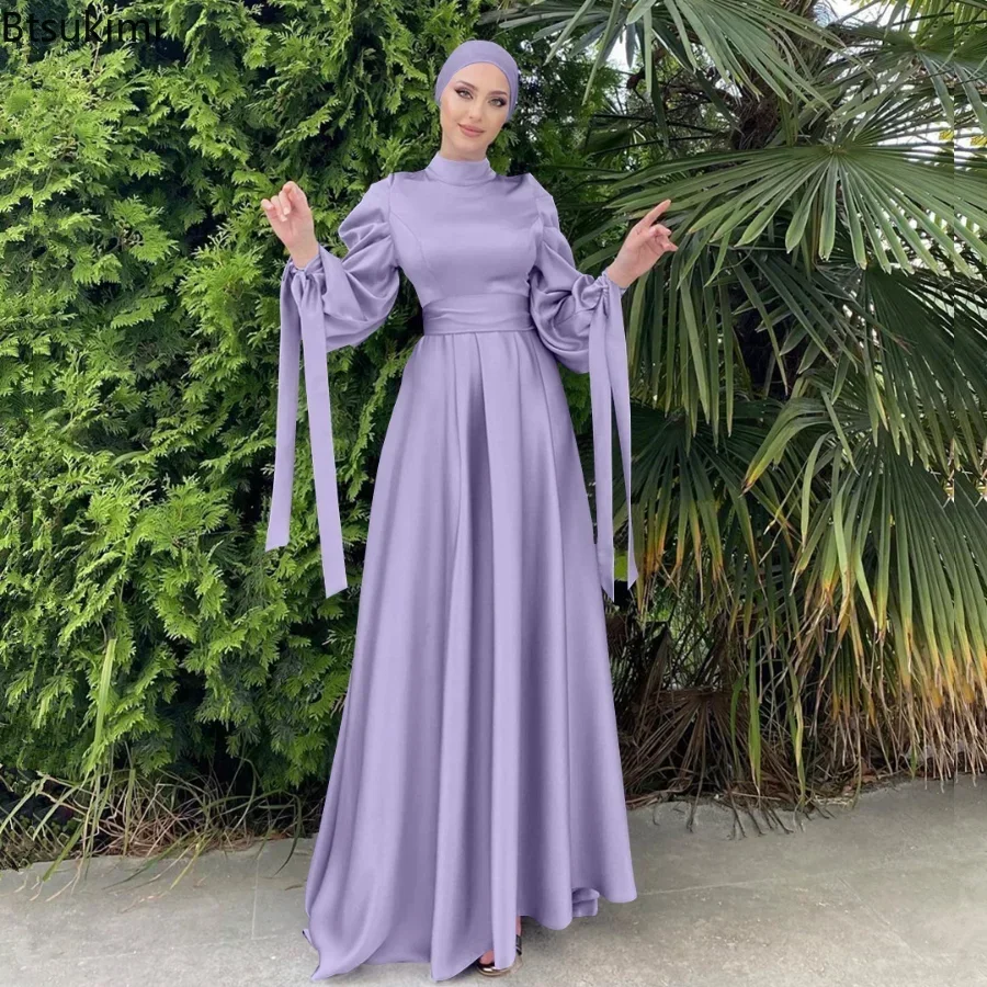 

New2025 Women's Muslim Fashion Islamic Satin Dress Hijab Arabic Pleated Abaya Dubai Balloon Sleeve with Ribbon Eid Mubarak Dress