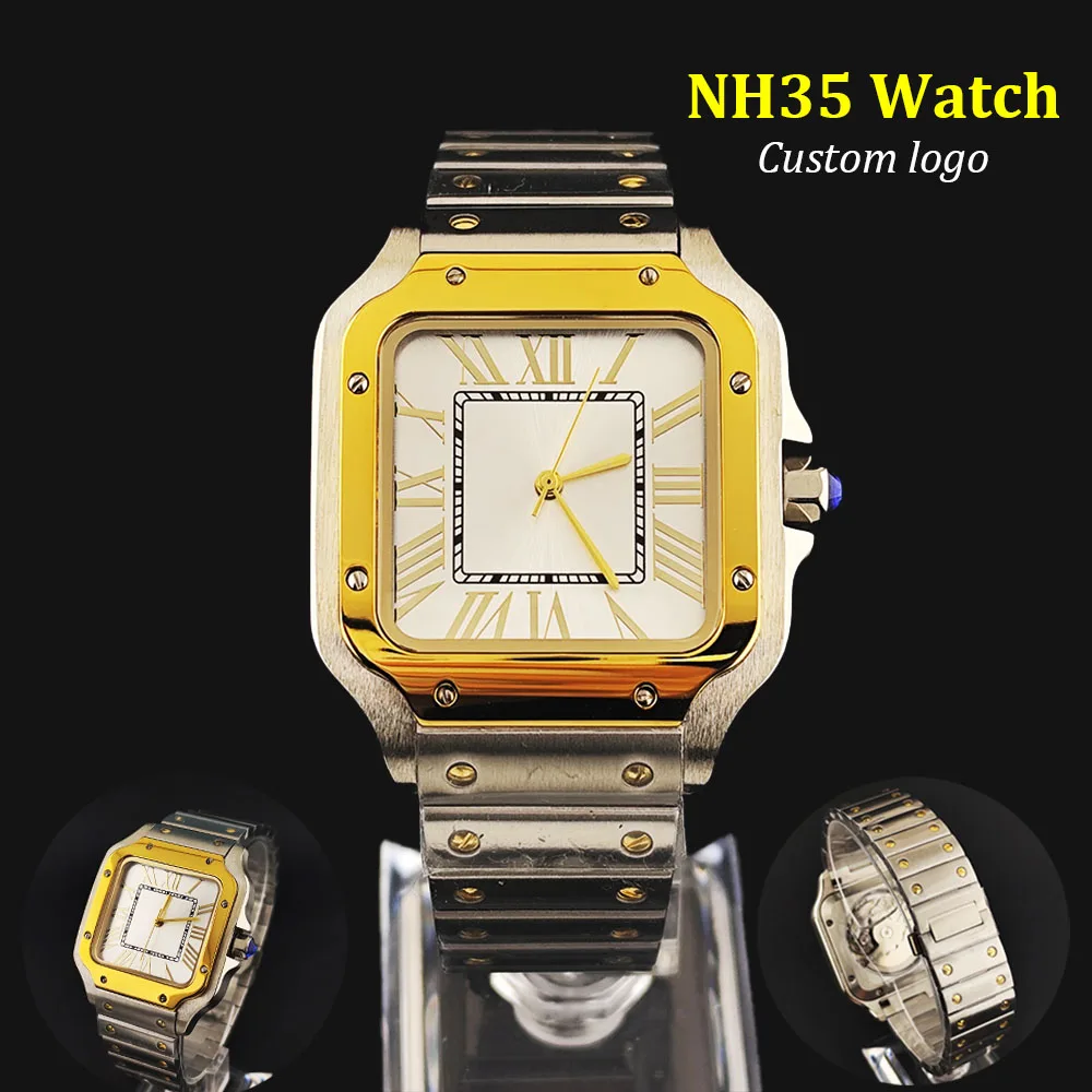 

Новые квадратные часы NH35, золотые и серебряные, мужские часы с римским циферблатом, складной застежкой, квадратным корпусом и механизмом NH35.
