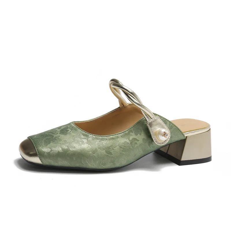 Dressy mary jane shoes women's mules green slip on mid heels woman chic patchwork slippers new summer strap heeled shallow mules