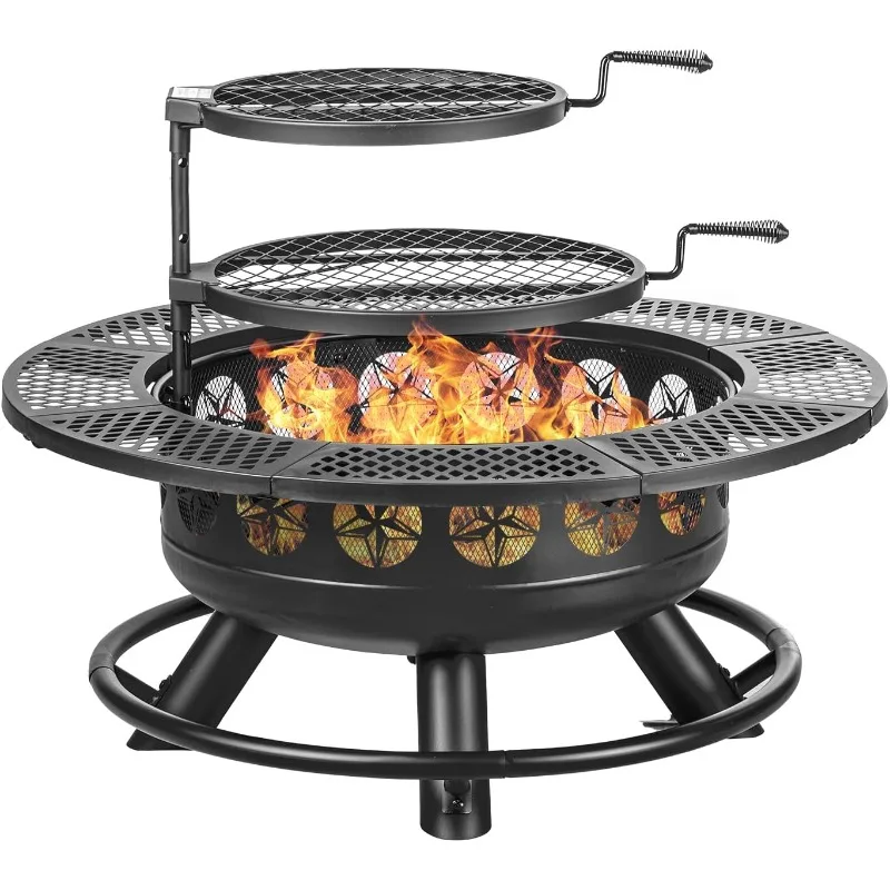 

36 Inch Fire Pit with 2 Cooking Grills,Outdoor Wood Burning BBQ Firepit with Lid, 3-in-1 Outdoor Fire Pit for Backyard Deck Bonf