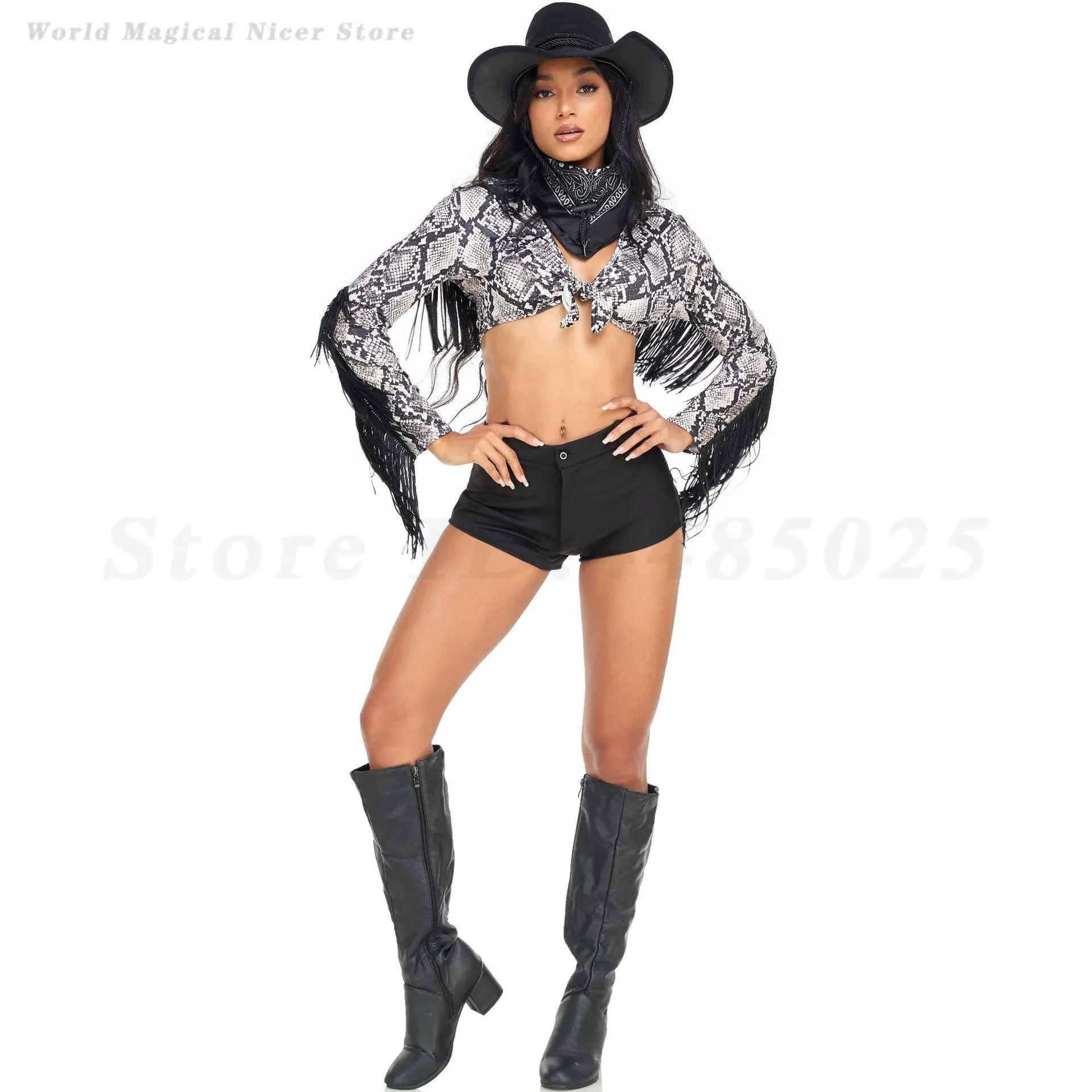 

Women Western Cowboy Costumes Sexy Tassels Top Shorts Scarf Hat Outfits Halloween Cosplay Wild West Cowgirls Fancy Dress Up