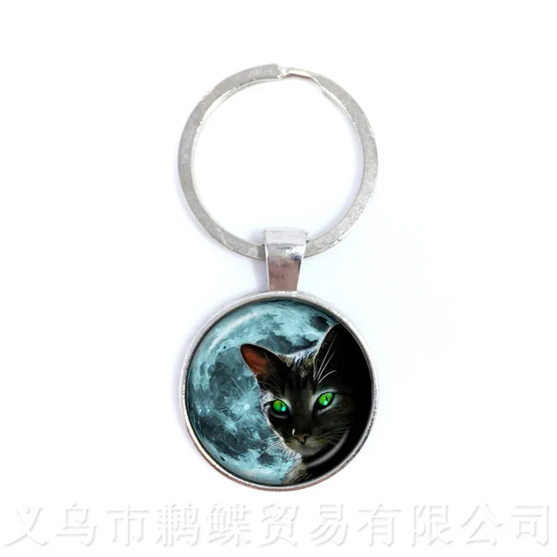 Cat And Moon Pattern Keychains 25mm Round Glass Dome Animal Picture Series Keyring Cat Lover Creative Gift Handmade Pendant