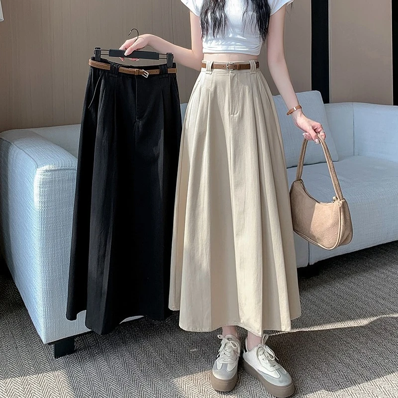 

Осенние винтажные длинные юбки-зонтики из стираного хлопка с высокой талией и поясом, новинка 2025, однотонные плиссированные женские юбки трапециевидной формы