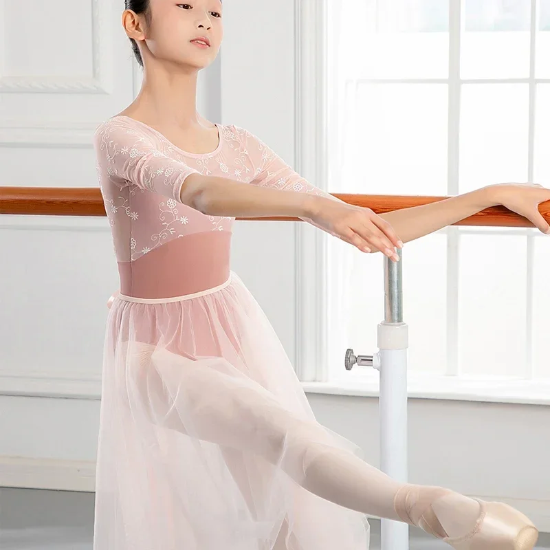 2022 New Embroidery Lace Dancewear Kids Medium Sleeve Ballet Leotard Ballerina Gymnastics Cloth Dance Bodysuit Danc