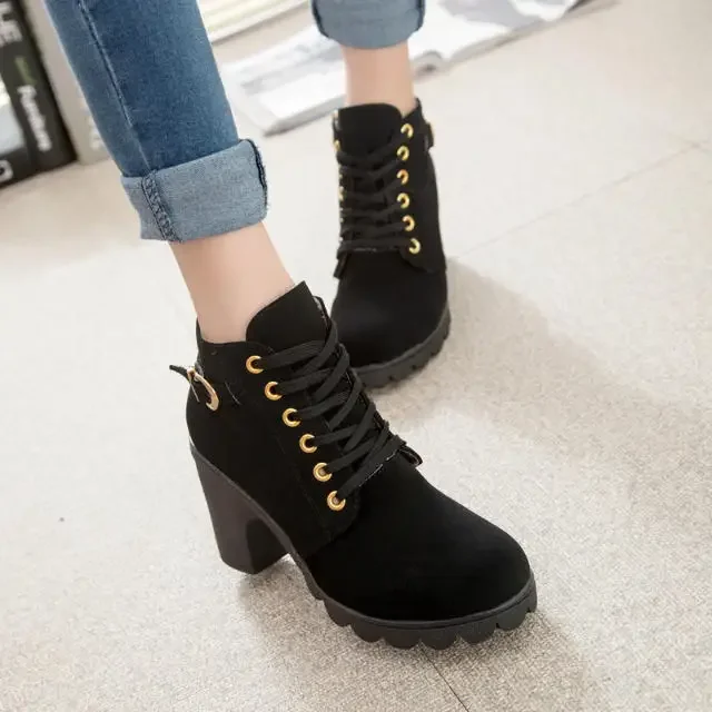 Stiefel Frauen Schuhe Frauen Mode High Heel Lace Up Ankle Stiefel Damen Schnalle Plattform Künstliche Leder Schuhe bota feminina2021