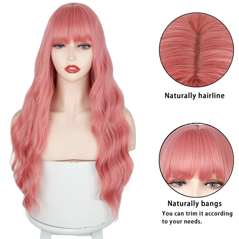 Synthetic wig Long Mix Pink Womens Wigs With Bangs Heat Resistant Kinky Curly Orange Gold Wigs for Women African American