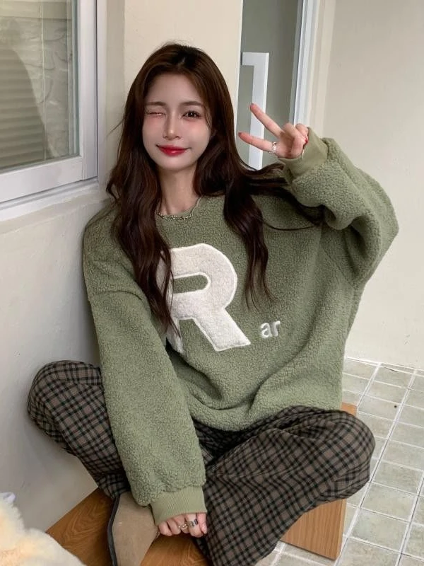 Dameshoodie Herfst Winter Vertrouwd Lamsbont Letter rond Ne Lazy Sle Losse warme top Koreaanse Sle Long Sve Katoen B...