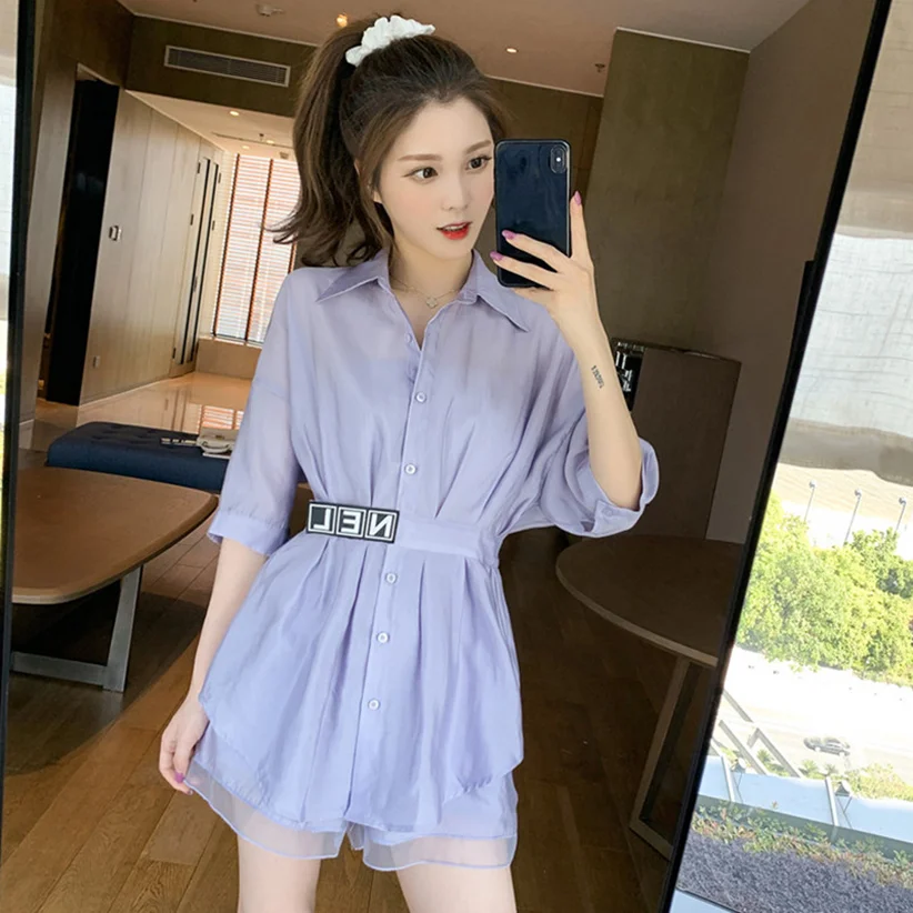 

Женский комплект: свободная шифоновая рубашка и шорты в стиле Хепберн, тонкий, с защитой от солнца, с длинным рукавом, повседневный, модный летний наряд