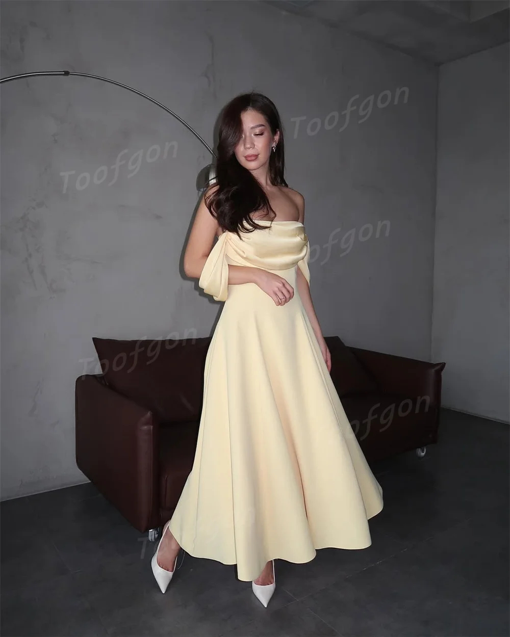 Toofgon élégant une ligne robes de soirée en Satin épaules dénudées jaune femmes robes de bal longueur cheville robe de soirée formelle personnalisée