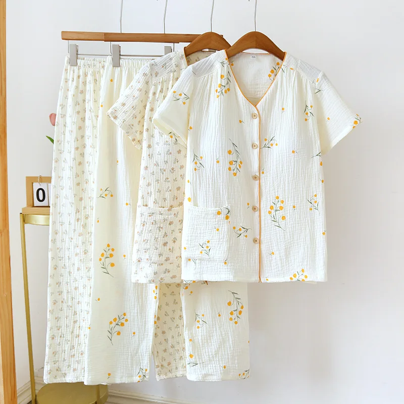 

2026 New Women's Spring/Summer Pajama Set 100% Cotton Crepe Short Sleeve Pants with Chest Mat Two Piece Set Large Home Clothes