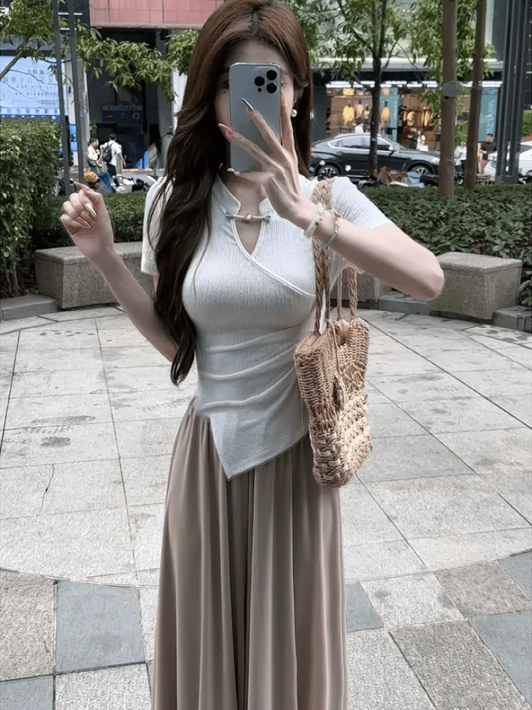 New Chinese Style Button up Top Women Summer 2026 Design Sensation Small Audience Irregular Slim Short Sleeve T-Shirt