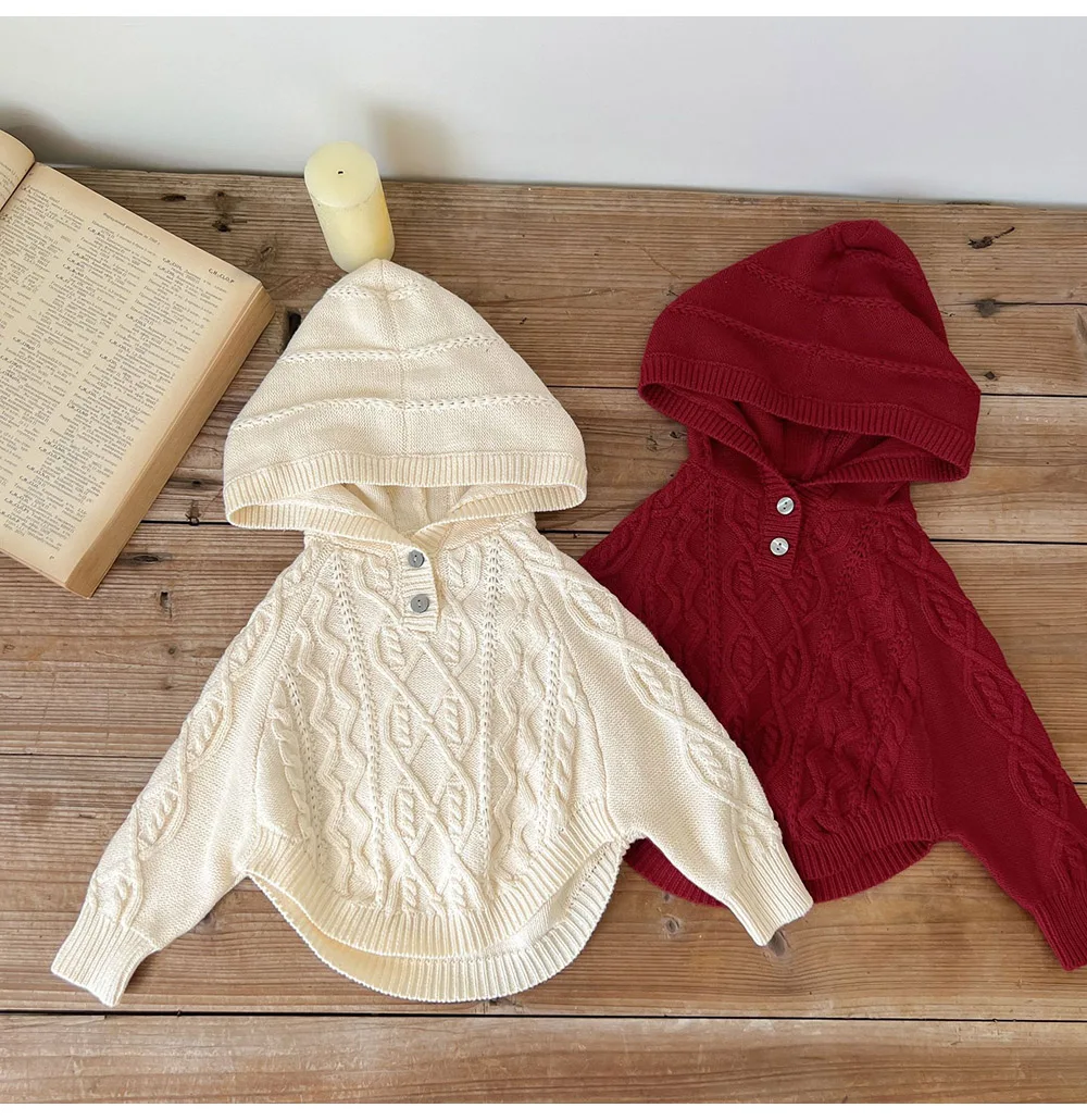 

Korean Cute Baby Hooded Sweater Fashion Shawl Knit Pullover Children Loose Batwing Sleeve Top 2023 Autumn Warm Infant Clothes