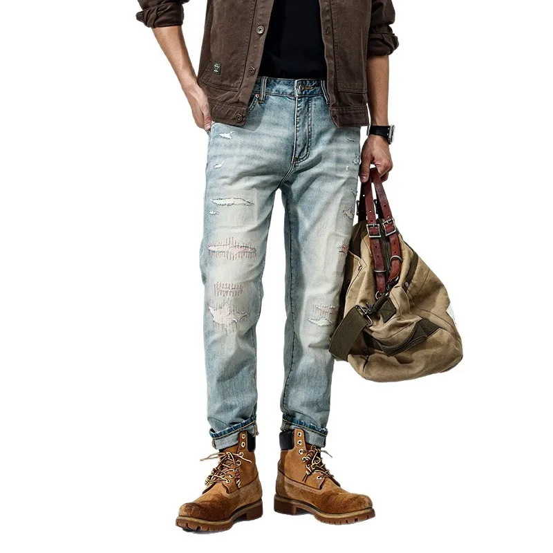 夏の高品質ミニマリストスリムフィットライトブルージーンズ若い日本人快適な男性カーゴパンツ男性メンズリッピングジーンズ