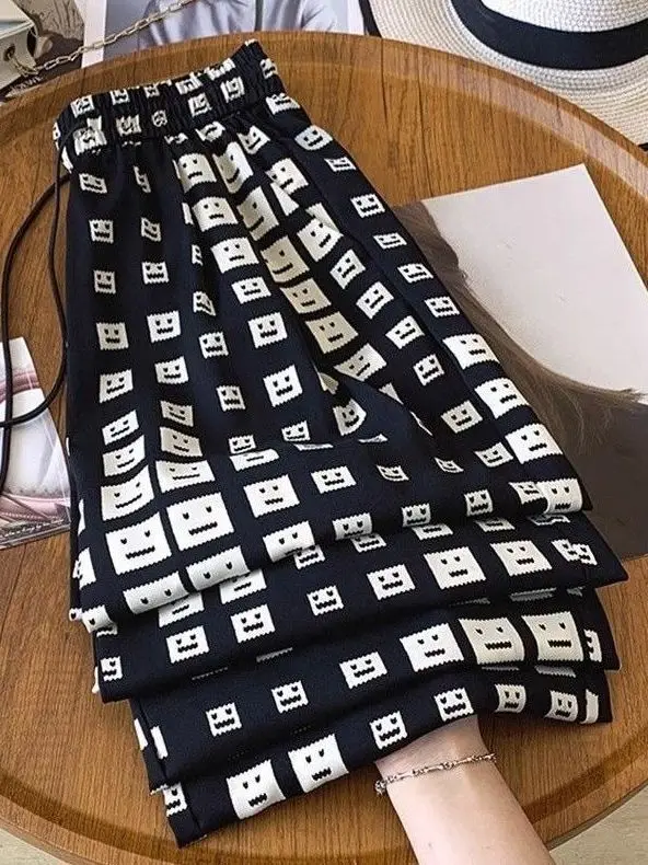 

plus Size Ice Silk Print Wide Leg Pants Men's Summer Thin High Waist Drape Casual Straight Long Trousers Loose Fit