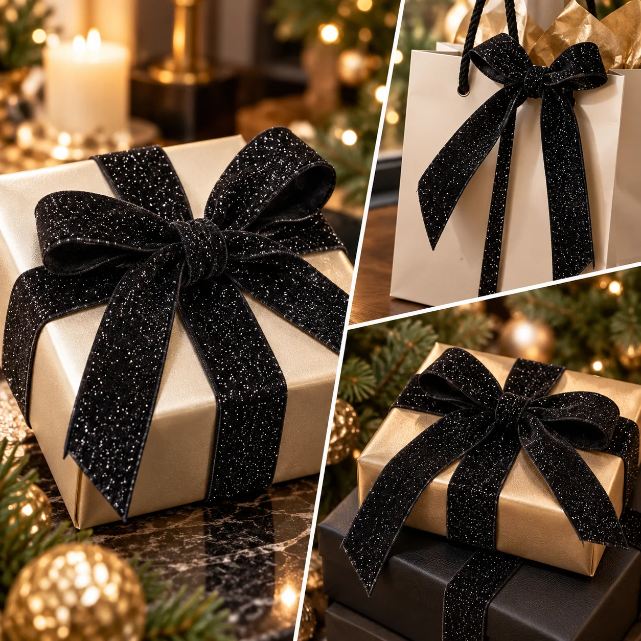 10-40mm 5yard Black Glitter Velvet Ribbon, Sparkly Satin Fabric Ribbon for Gift Wrapping Hair Bow Wedding DIY Craft Decoration