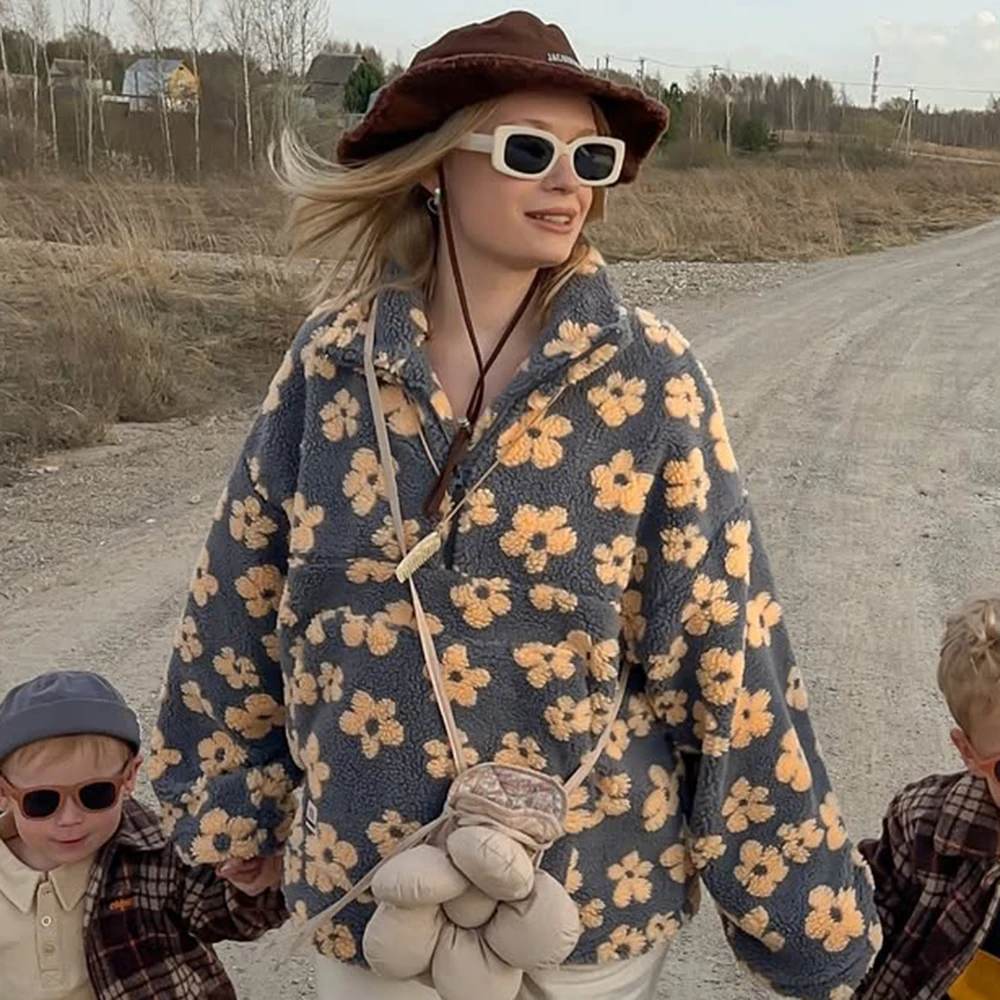 

Ticketsx Floral Print Imitation Lamb Wool Hoodie Women's Full Sleeve Zip Pocket Loose Top Lady Autumn Chic Casual Holiday Coat