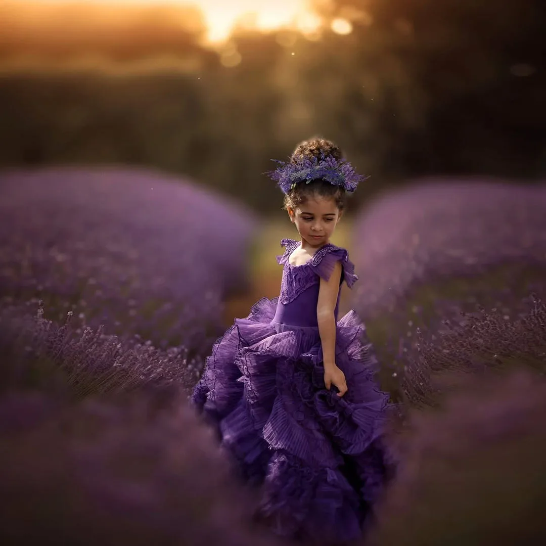 

Purple Flower Girl Wedding Dress Ruffles Pleated Tulle Ball Gown Gorgeous Princess Birthday Beauty Pageant Dress Customized 2025