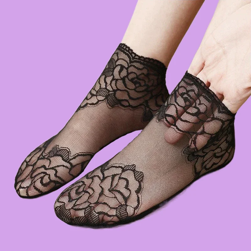 Calcetines tobilleros de malla de corte bajo para mujer, medias cortas sexys antideslizantes con encaje hueco y flores, novedad de 5/10 pares