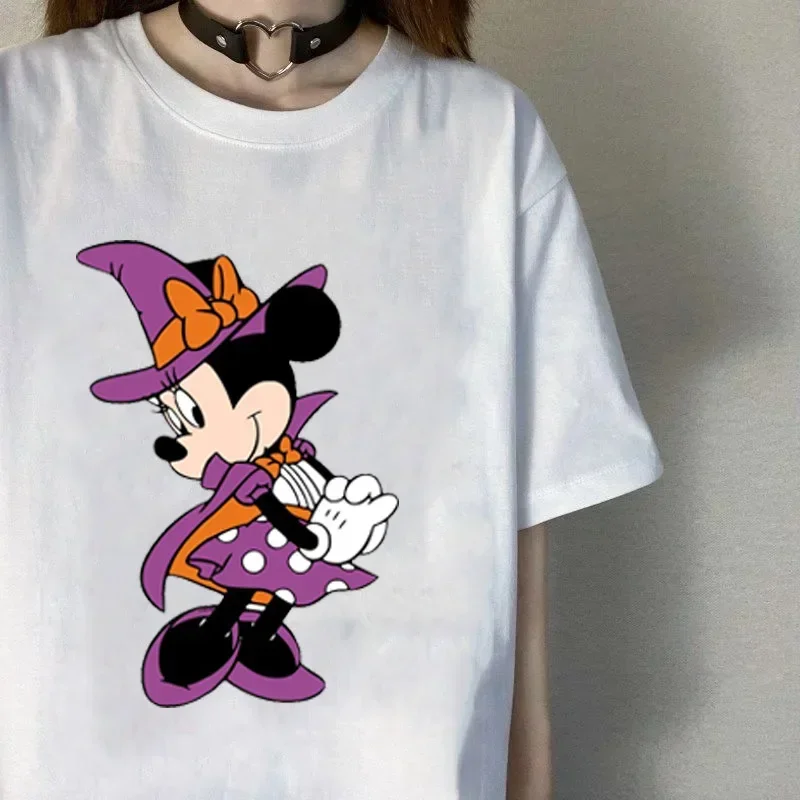 Cartoon Disney Mickey Mouse Printed Women T-shirt Happy Halloween Harajuku Kawaii Street Clothing O Neck Short Sleeve Tops
