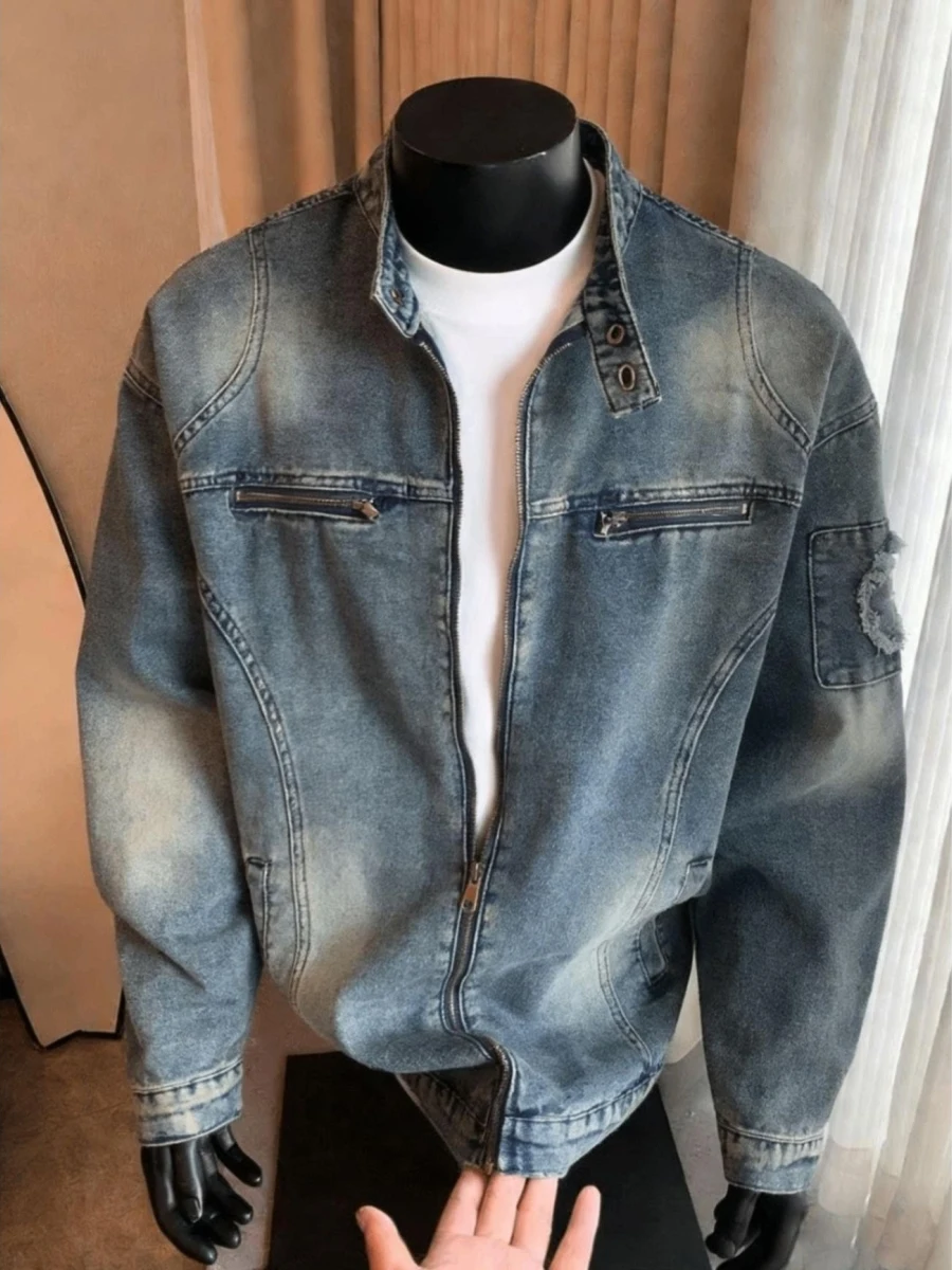 

Ретро-куртка из денима в американском стиле, свободного кроя, повседневная рабочая одежда, весенне-осенняя, модная, в уличном стиле, из смесового полиэстера и хлопка