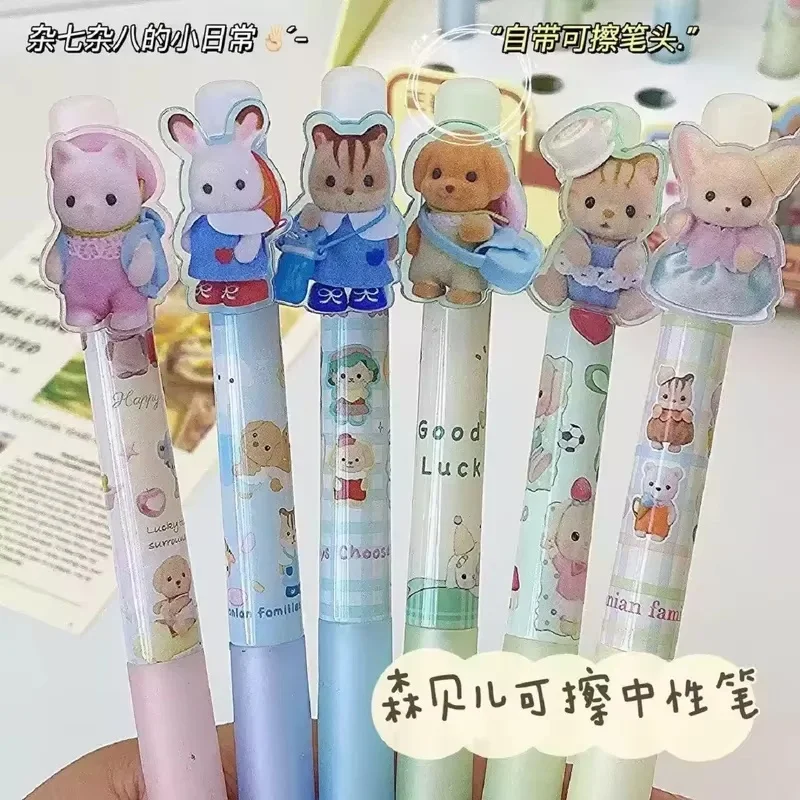 6/36pcs Anime Sylvanian Families  Press Gel Pen Erasable Blue Cartoon Student 0.5 Easy Erasable Signature Pen Stationery Gift