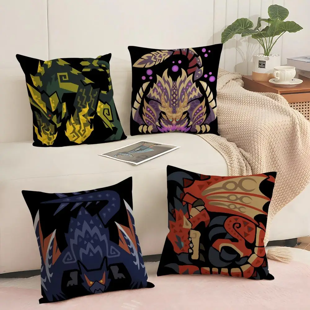 Game M-monster Hunter Wilds Cushion Cover Silky Short Plush Sofa Pillow Cover Hidden Zipper Soft Dustproof Case for Home Decor