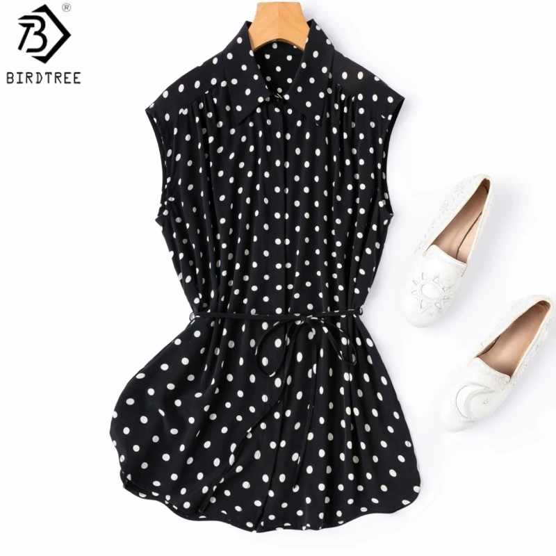 Birdtree, 93% Silk 7% Spandex Dot Print Blouse, Sleeveless Lapel Shirt, Women Double Crepe Sash Elegant Tops, 2026 New T66308JF