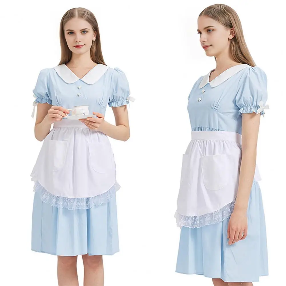 

Retro Style Apron Half Apron with Butterfly Bow Lace Hem Adjustable Waist Ties Pockets Kitchen Apron for Coffee Bistro Waitress