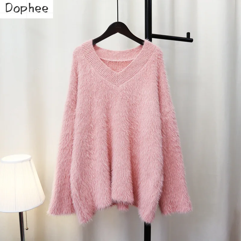 

Dophee New Autumn Winter Women Sweaters Soft Imitation Mink Velvet Loose V-neck Pullover Top Long Sleeve Knitted Jumpers 2023