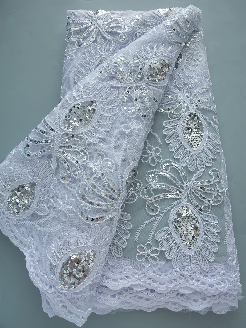 White 2025 African Sequins Lace Fabric 5 Yards High Quality French Nigerian Groom Lace Fabric For Sewing Dress Wedding Party