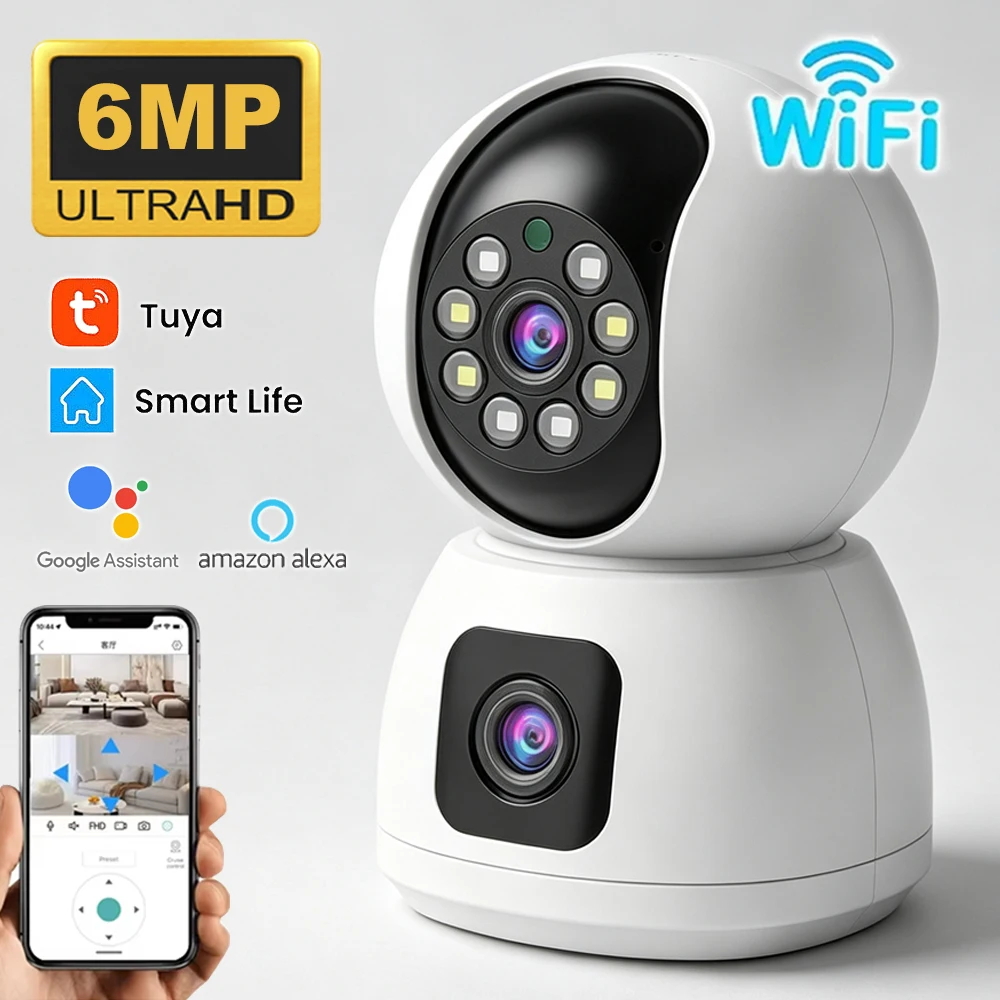 6MP Tuya 2.4G/5G Dual Band WiFi Camera, 4K HD PTZ Dual Lens Indoor Camera with Auto Tracking & Dual Screen Security Surveillance