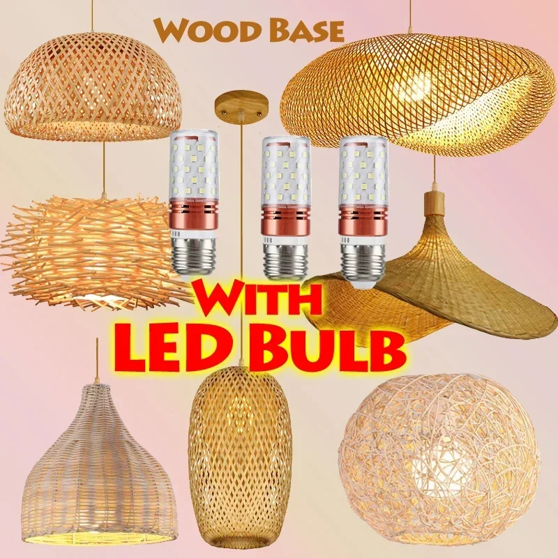 Con lampadina a LED Rattan Vimini Legno di bambù Lampada a sospensione Soffitto Lustre Lampadario Hanglamp Mestiere a mano Home Living Bed Room Decor