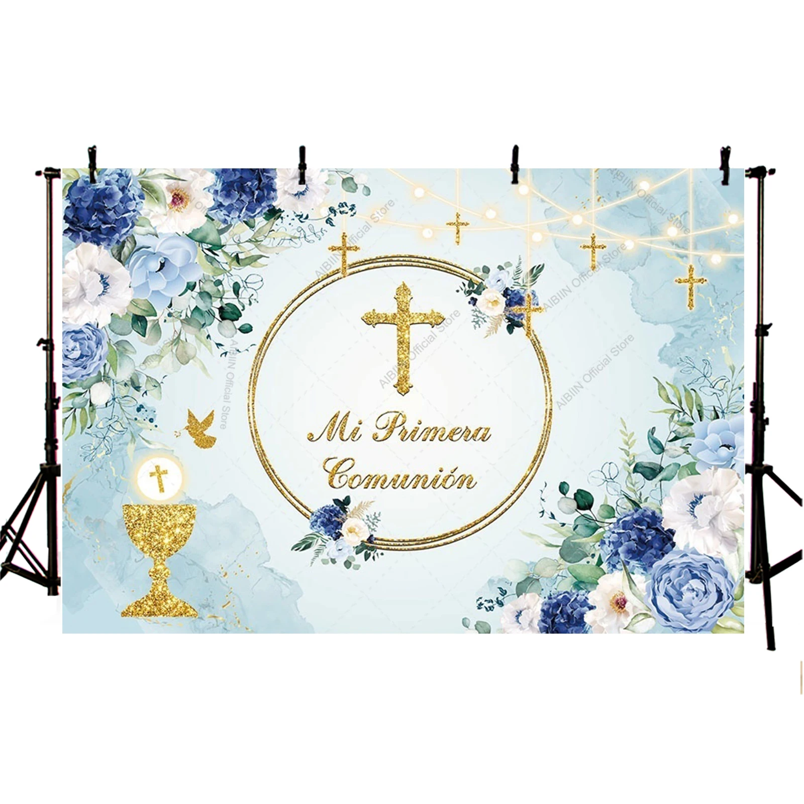 Mi Primera Comunión Backdrop Different Color Floral Dove Gold Cross Holy Grail Kids Baptism God Bless Party Decor Background