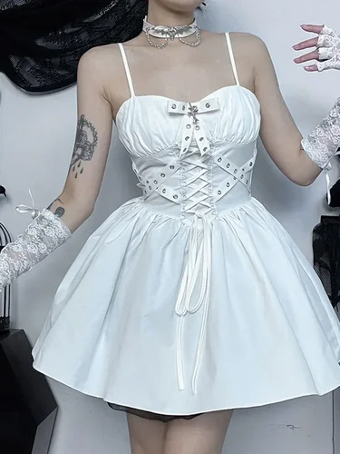 Imagen 2 del producto Minivestidos blancos dulces franceses para mujer, tirantes finos ajustados, ropa de fiesta sin mangas, Top corto con mangas abullonadas, cuello vuelto Y2