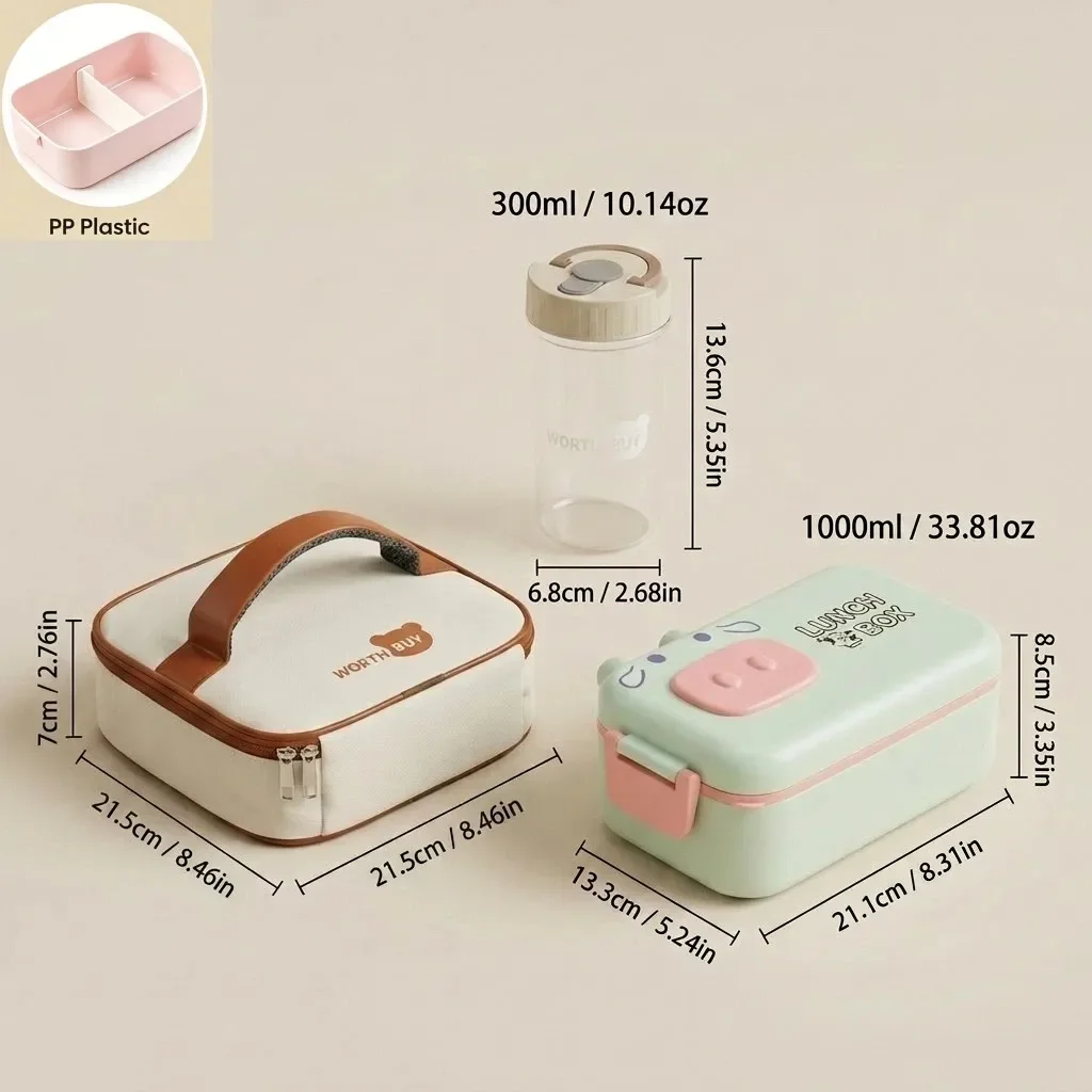 304 roestvrijstalen bentobox, schattige lunchbox voor kinderen, geschikt voor gebruik in de magnetron, met vakken, luchtdichte bewaardozen voor voedsel en bestek, ideaal voor school.