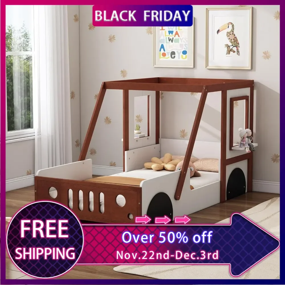 Twin Size Car Bed Frame for Kids,Wood Floor Bed,Twin Platform Bed with Wheels&Door Design,Fun Play Twin Bed for Boys Girls Kids