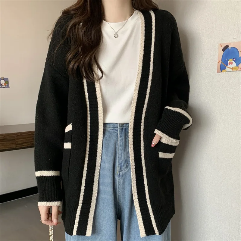 Varsity Cardigan Long Sleeve V-Neck Open-Front Sweaters Knit Jacket for Women Preppy Style