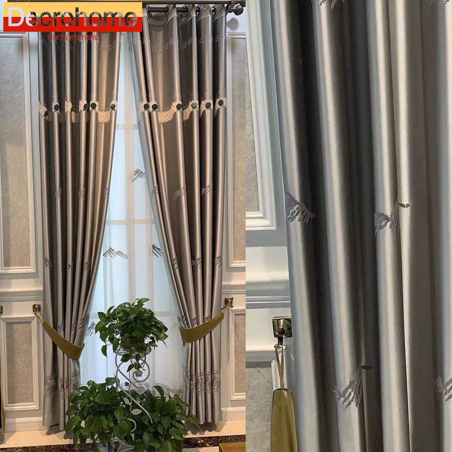 

Silver Gray Embroidered Window Screen Hollowed Out Curtains for Living Room Bedroom French Window Balcony Villa Customization