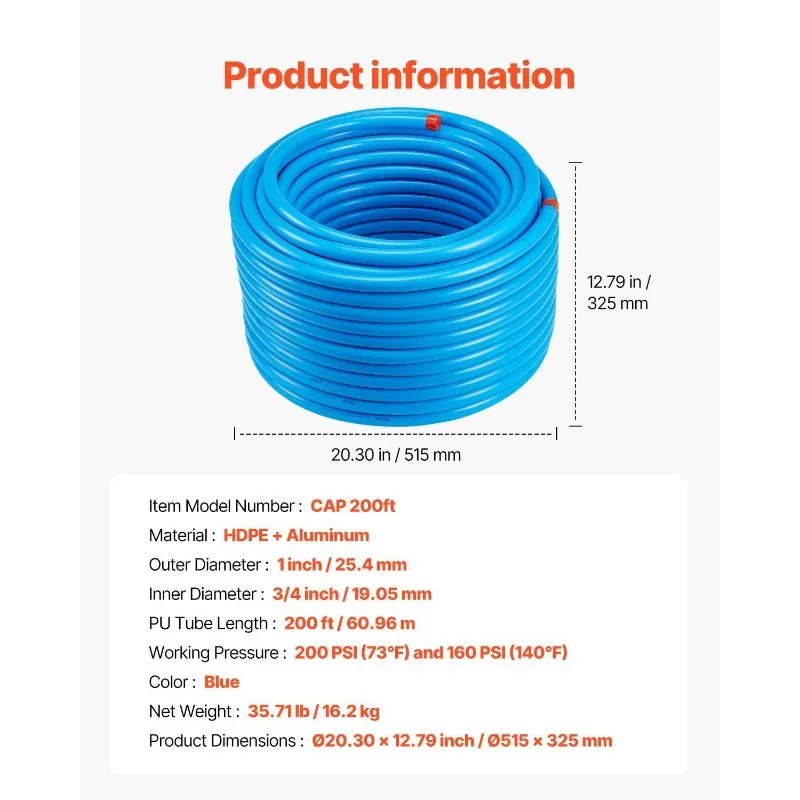 Kit Saluran Kompresor Udara 3/4'' x 200FT HDPE/Aluminium Sistem Pipa Udara Bengkel Biru