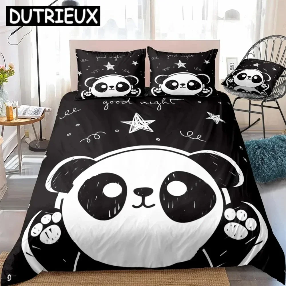 3 Pieces Panda Duvet Cover Set Cartoon Animal Bedding Kids Boys Girls Bed Set White Black Panda Quilt Cover Queen Star Dropship