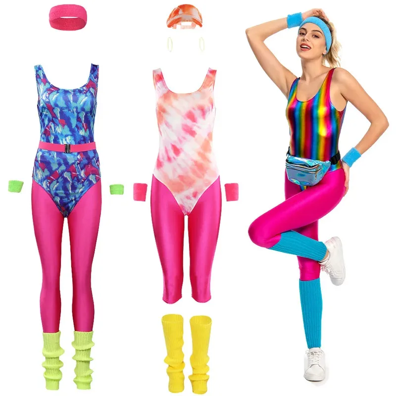 

6 шт., 80-е годы, хиппи, дискотека, косплей, фэнтезийный костюм для девочек, спортивная одежда в стиле ретро, наряды на Хэллоуин, карнавальный костюм для вечеринок для женщин и взрослых